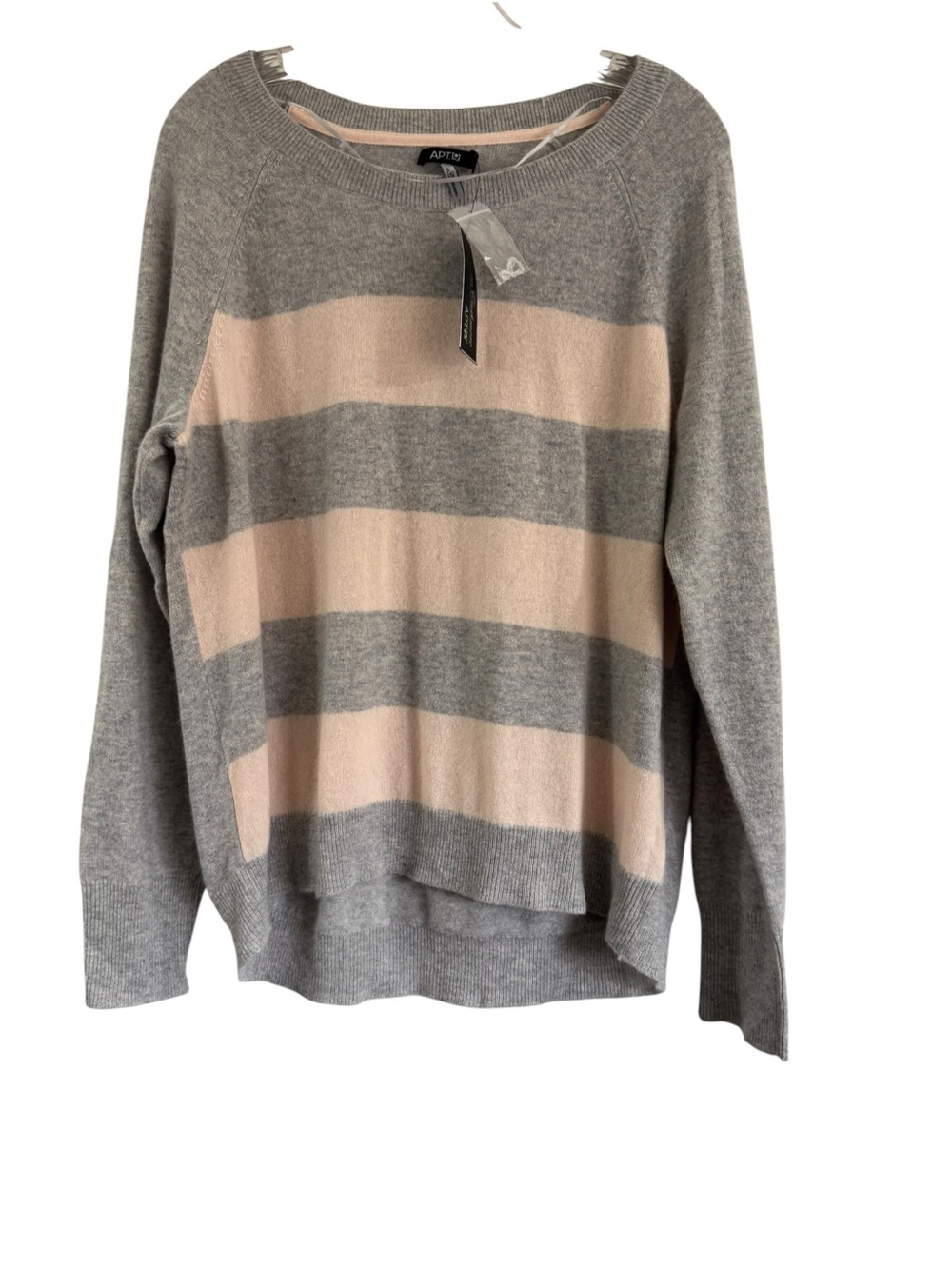APT. 9 Gray & Pink Striped 100% Cashmere Crew Neck Sweater Sz Large NEW